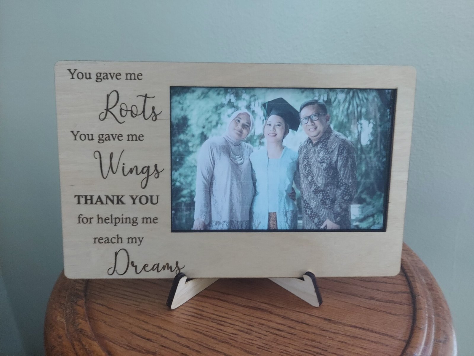 Personalized Thank you graduation picture frame gift for mom, dad, grandmother, grandfather or mentor. Custom laser cut wood photo frame