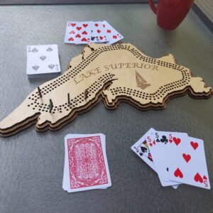 Lake Superior cribbage board, unique gift for great lakes lover or boating enthusiast. Custom themed pegs. Great for game night or wall art