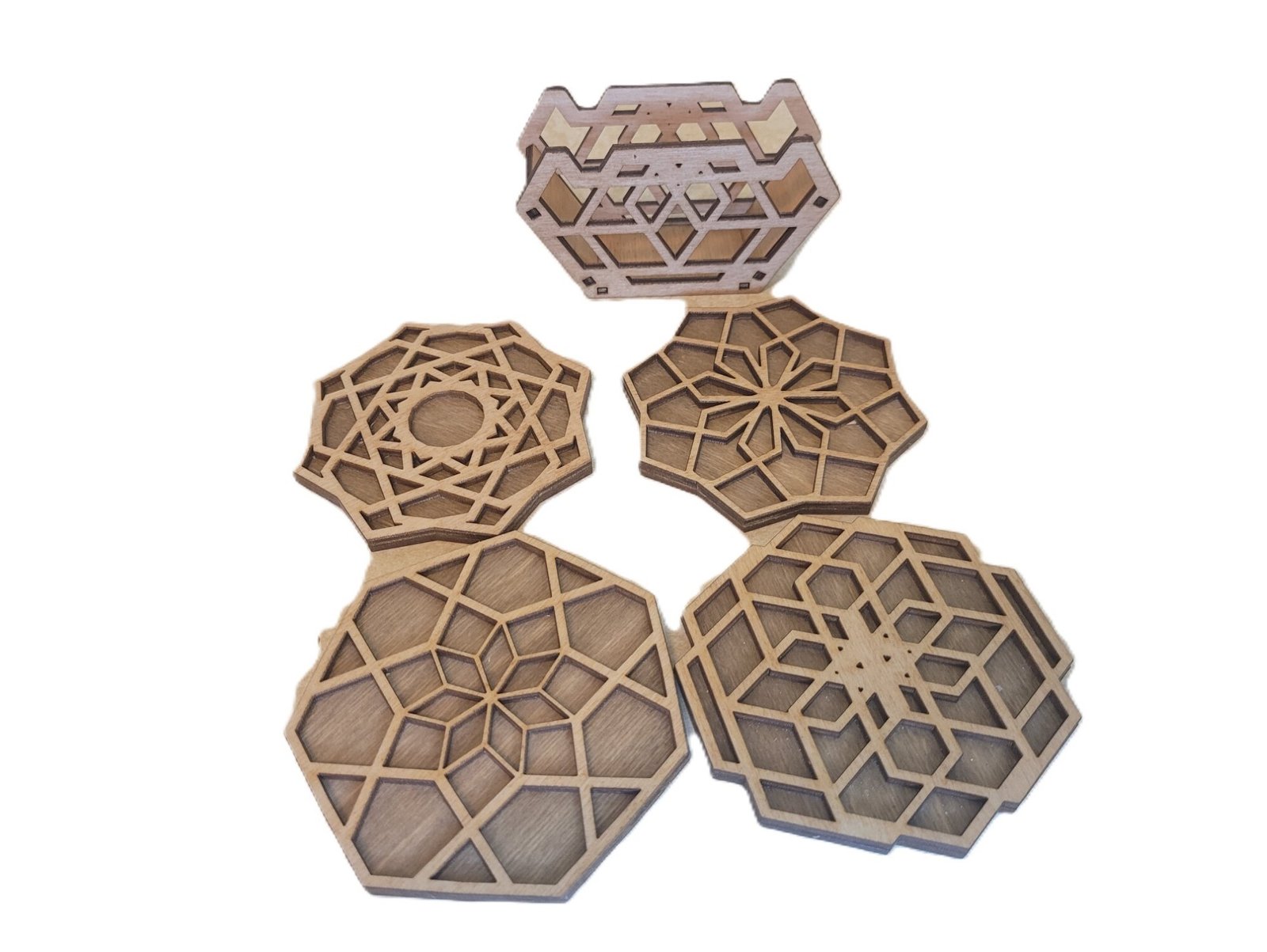 Wooden Geometric Mandala Coffee Coasters with Holder design 2 – Set of 4 with holder – Stylish Laser Cut Coasters for Home & Office