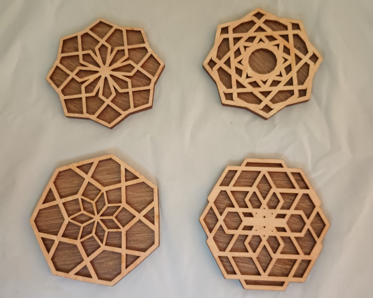 Wooden Geometric Mandala Coffee Coasters with Holder design 2 – Set of 4 with holder – Stylish Laser Cut Coasters for Home & Office - Image 3