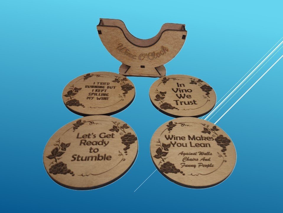 Wine Enthusiast Wooden Coasters set 3 Laser Engraved with Coaster Holder, Humorous Sayings, Great for Housewarming Gifts and Wine Lovers