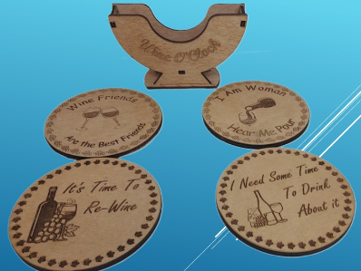 Wine Enthusiast Wooden Coasters set 2 Laser Engraved with Coaster Holder, Humorous Sayings, Great for Housewarming Gifts and Wine Lovers