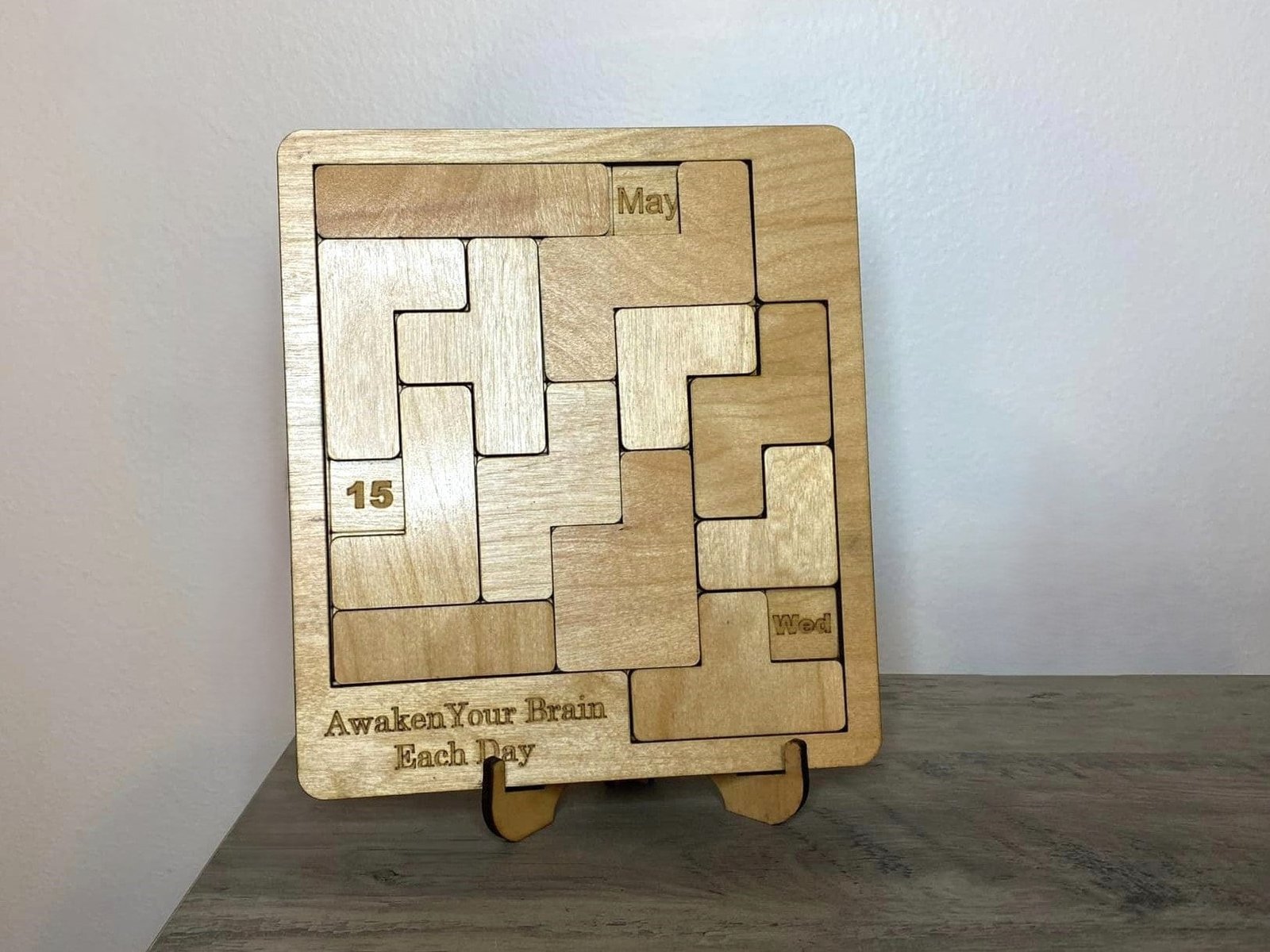 Wooden calendar puzzle laser engraved handcrafted brain teaser. Choose between two sizes. Unique home office decor gift for puzzle lovers. - Image 2