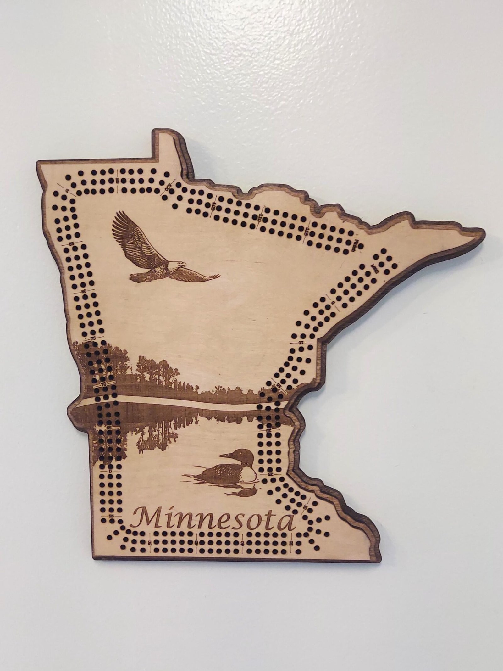 Minnesota cribbage board, laser cut wood in Minnesota shape, game board, and wall display and in one. Midwestern family game and gift