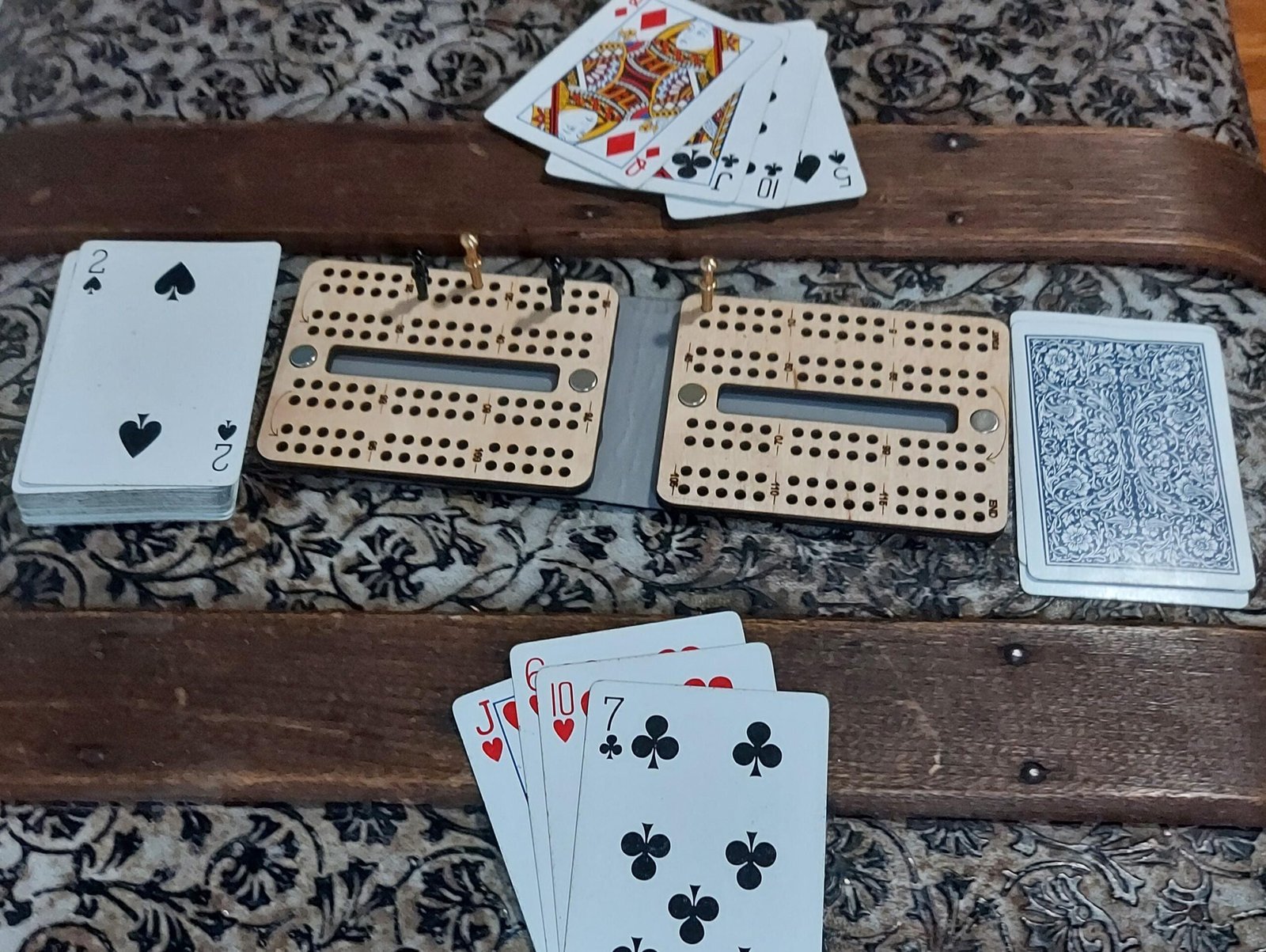 Custom travel cribbage board. Personalize this travel game for a unique gift for vanlife or camping card game lover for their belt bag.