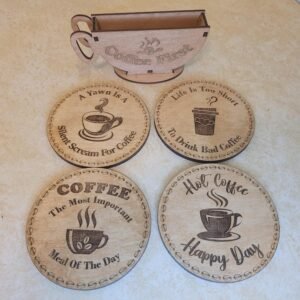 Coffee Enthusiast Wooden Coasters Laser Engraved with Coaster Holder, Humorous Sayings, Great for Housewarming Gifts and Caffeine Lovers
