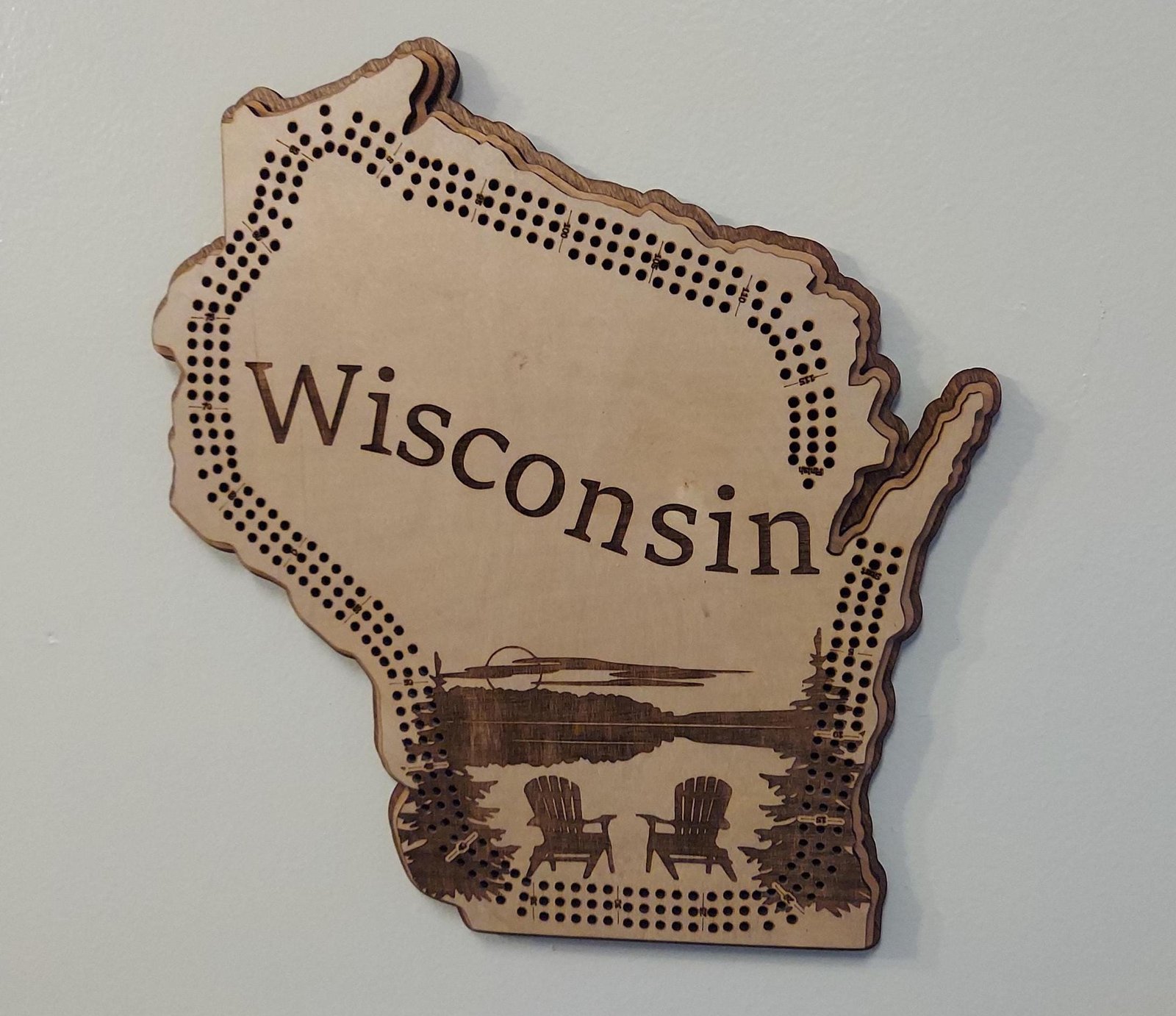 Wisconsin cribbage board, laser cut wood in Wisconsin shape, game board, and wall display and in one. Midwestern family game and gift.