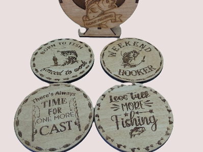 Fishing Enthusiast Wooden Coasters Laser Engraved with Coaster Holder, Humorous Sayings, Great for Lake Cabins and Fishermen and Ladies