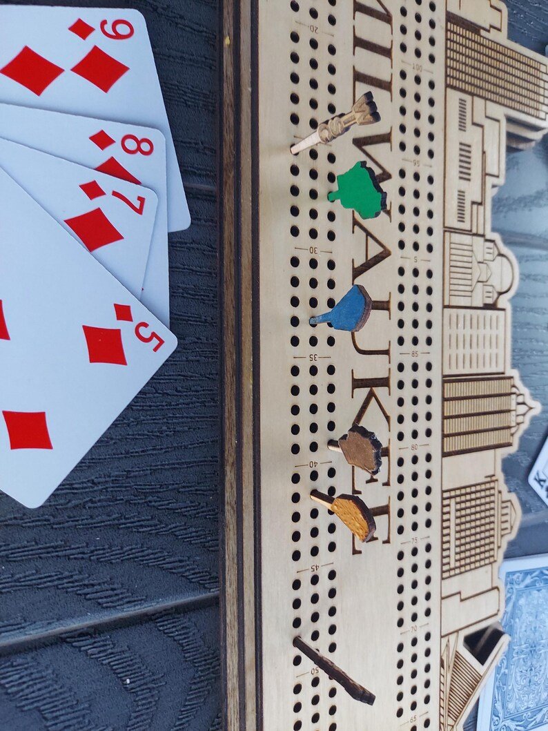 Milwaukee cribbage board, unique gift for Milwaukee lover. Custom themed pegs. Great for game night or wall art - Image 5